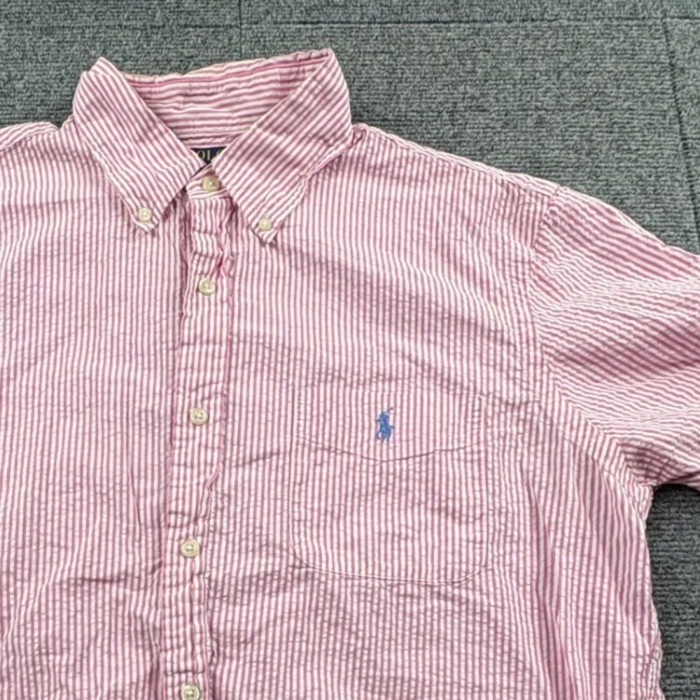 Polo Ralph Lauren Mens Large Pink Seersucker Stripe Short Sleeve Untucked Shirt